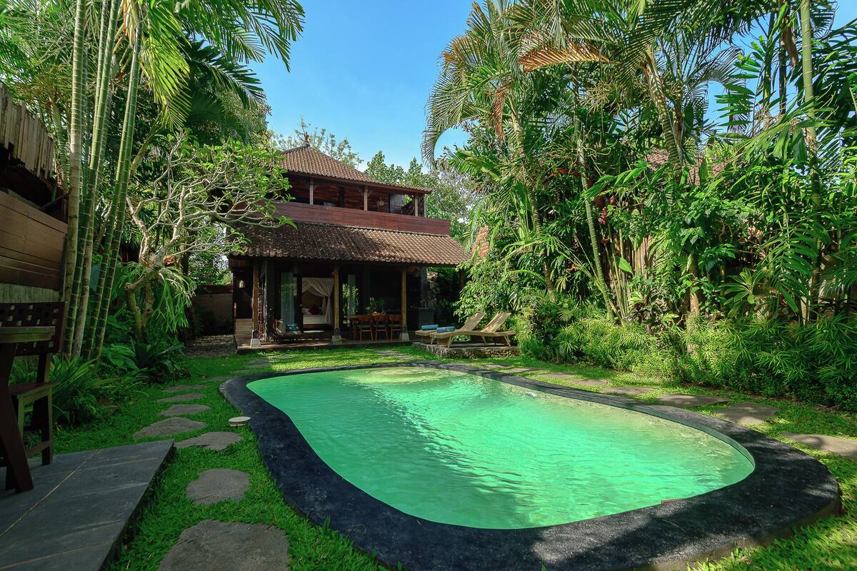 A pool with a green cover, surrounded by lush greenery and a wooden building with a tiled roof.