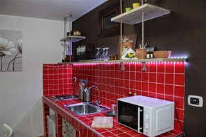 Eine kleine Küche mit roten Fliesen, einer Mikrowelle, einem Spülbecken und einem Hängeschrank mit Küchenutensilien.