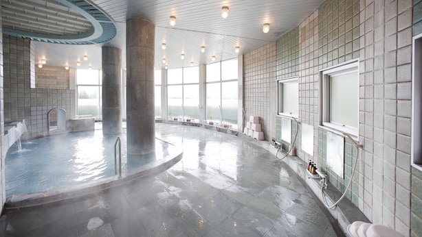 A large indoor swimming pool with a curved ceiling, tiled walls, and a steam feature. - Kagetsuen (Hakone)