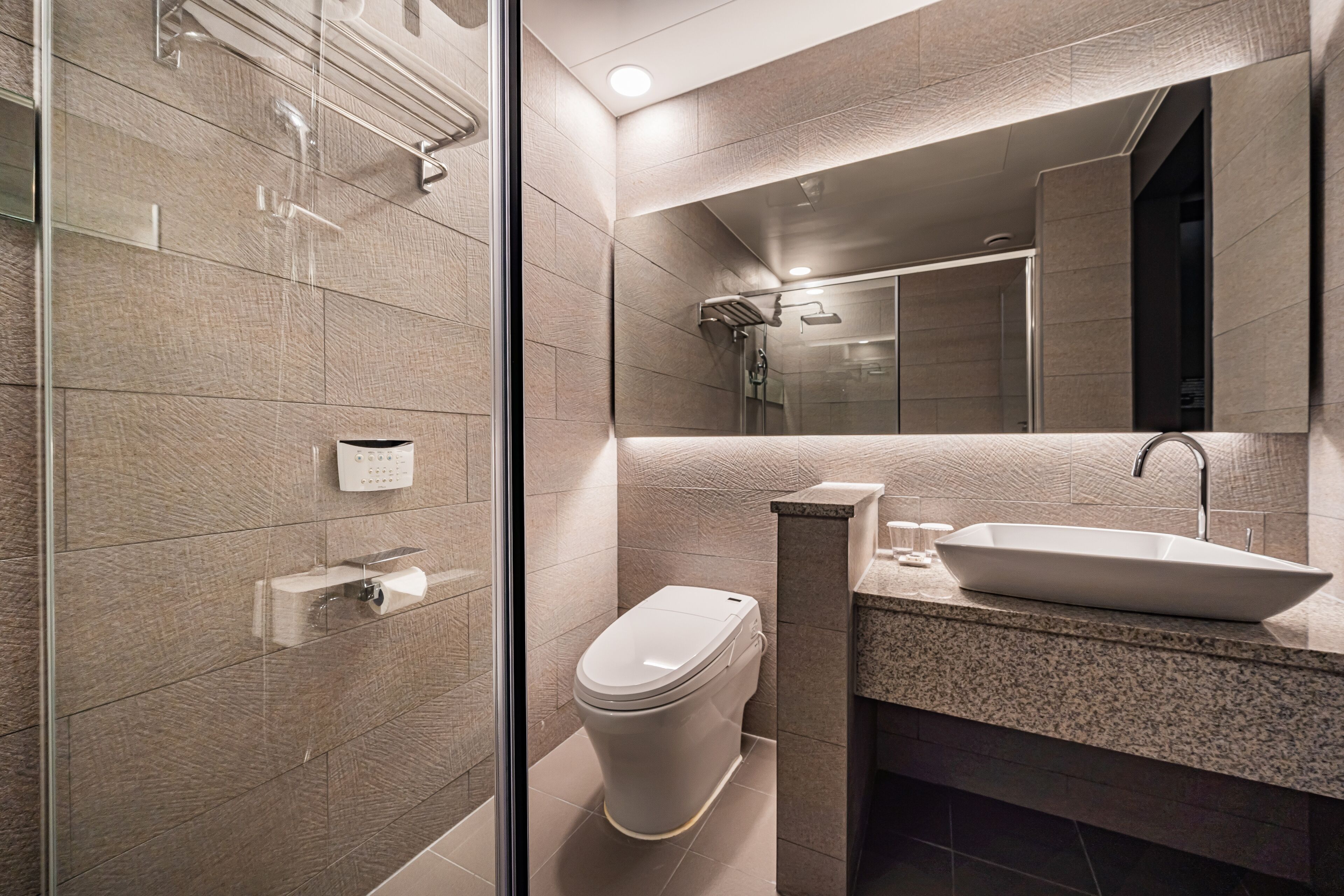 shower, free toiletries, hair dryer, bathrobes