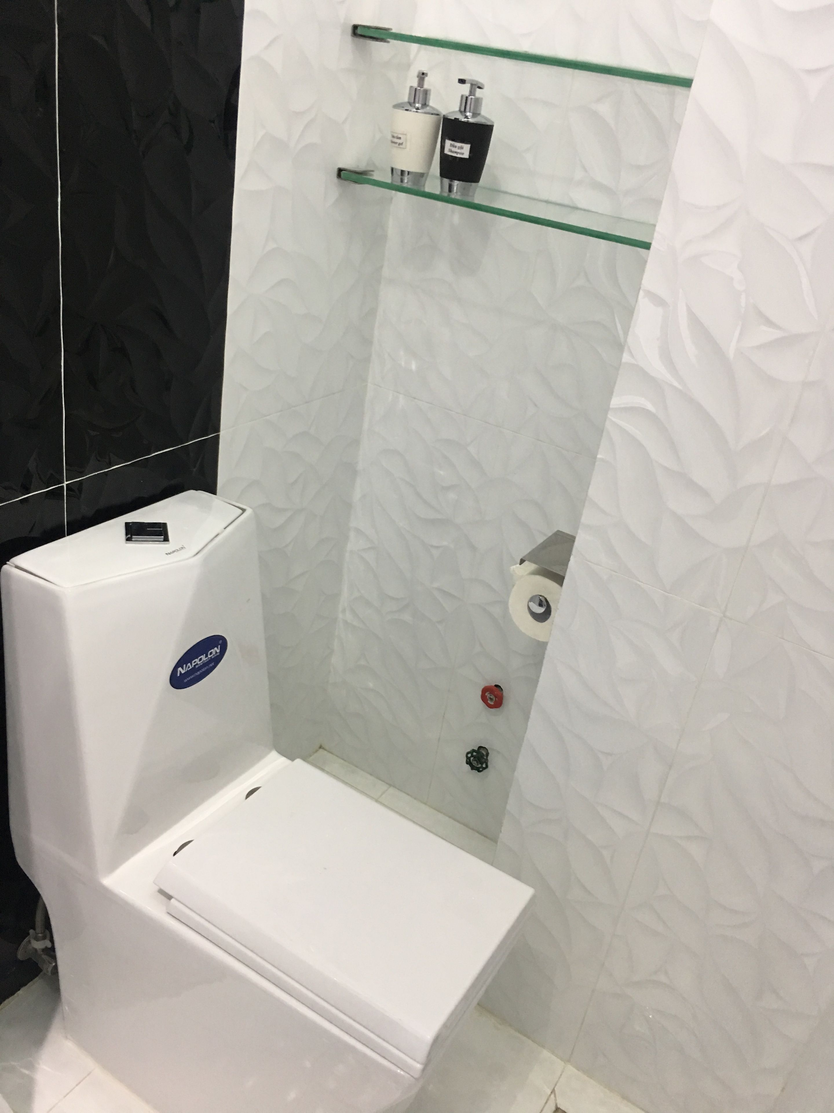 A modern bathroom with a white toilet, a glass shower enclosure, and a soap dispenser on the wall.