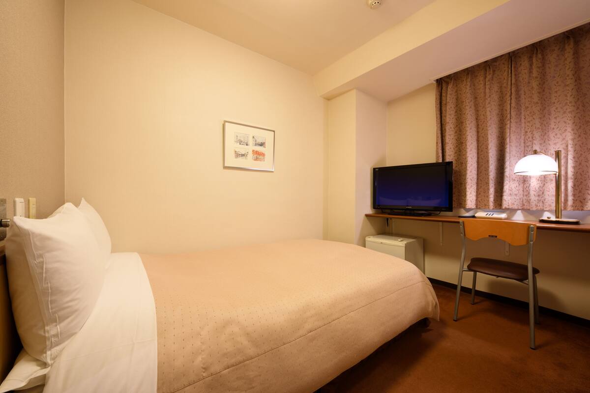A hotel room with a bed, a desk with a television, a chair, and a lamp.