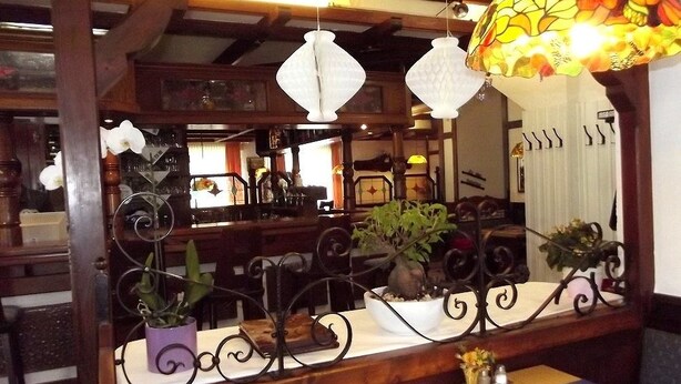 A restaurant interior with wooden beams, hanging white and colorful lamps, and potted plants on the bar counter. - Hotel-Restaurant Dümptener Hof (Muelheim an der Ruhr)