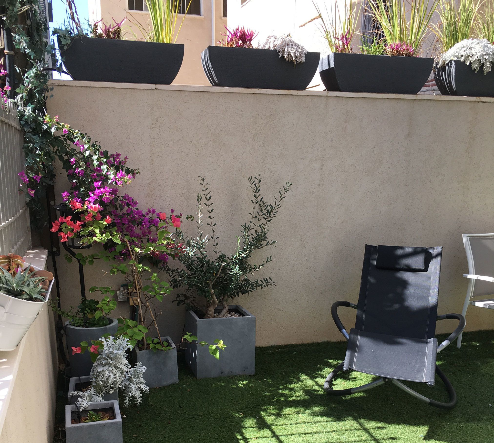 Un petit espace jardin aménagé avec différentes plantes en pot, une pelouse et une chaise noire pour l’extérieur.