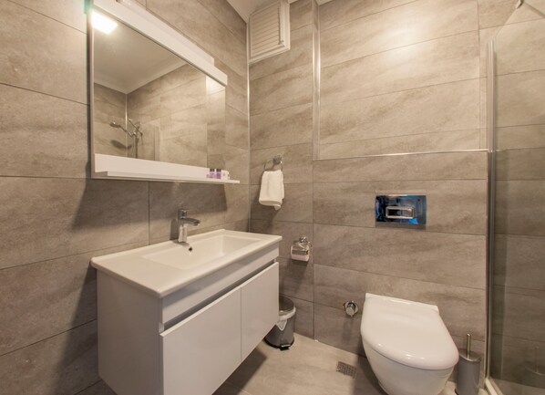 A modern bathroom with a sink, mirror, toilet, and shower.