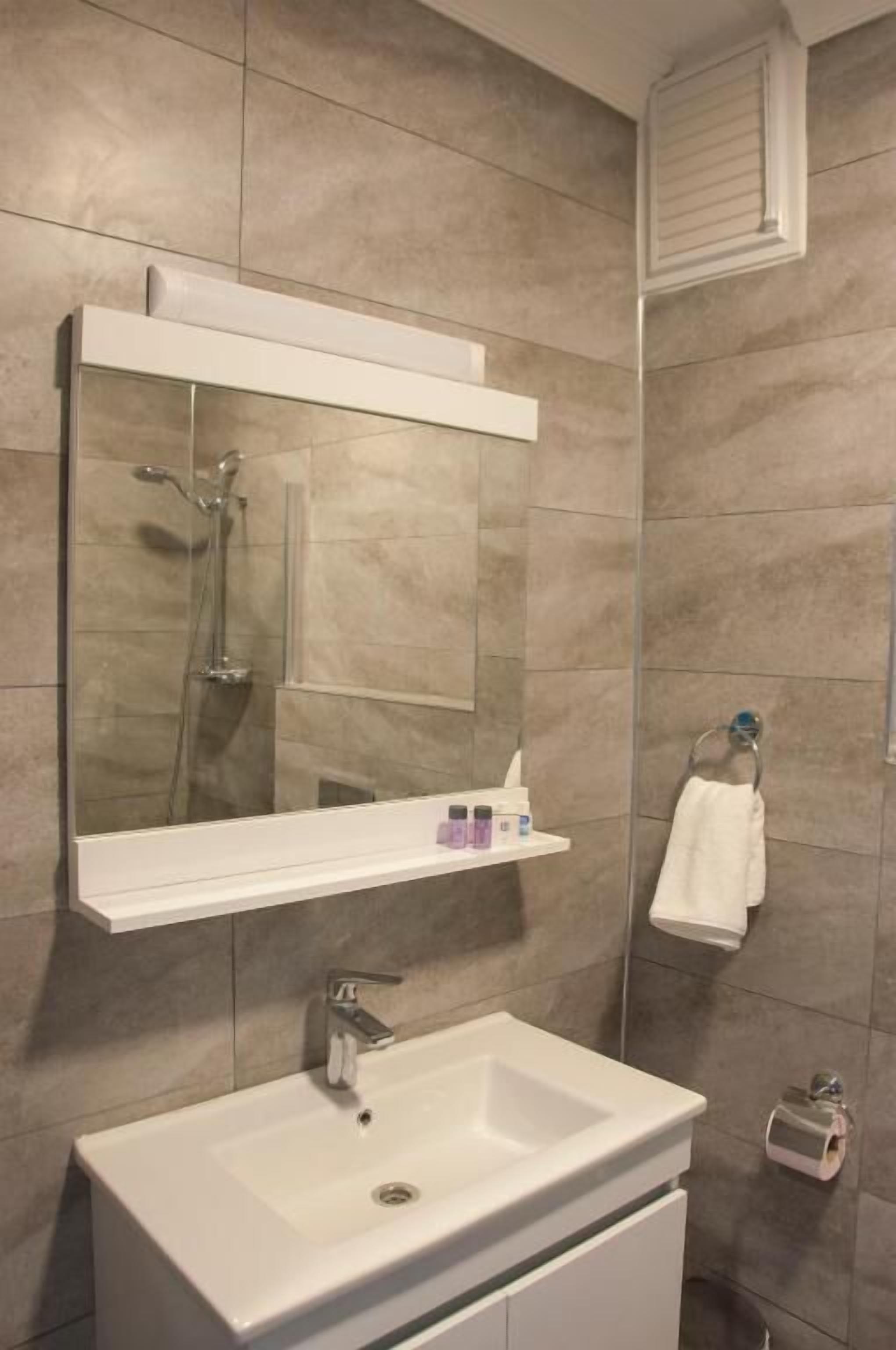 A bathroom with a white sink, a mirror, and a shower.
