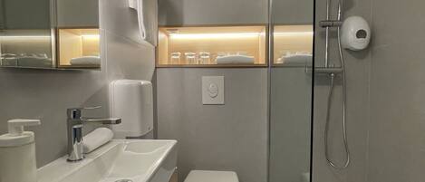 A modern bathroom with a glass shower enclosure, a white sink with a soap dispenser, and a toilet.