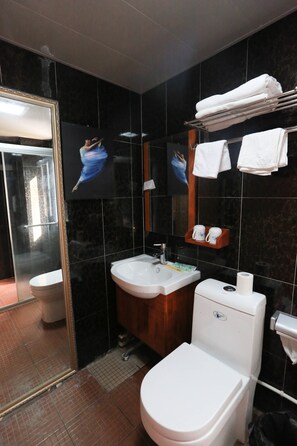 Shower, free toiletries, hair dryer, slippers