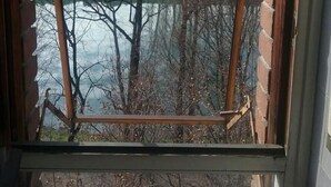 Une fenêtre donnant sur une rivière, des arbres et des bâtiments en arrière-plan.