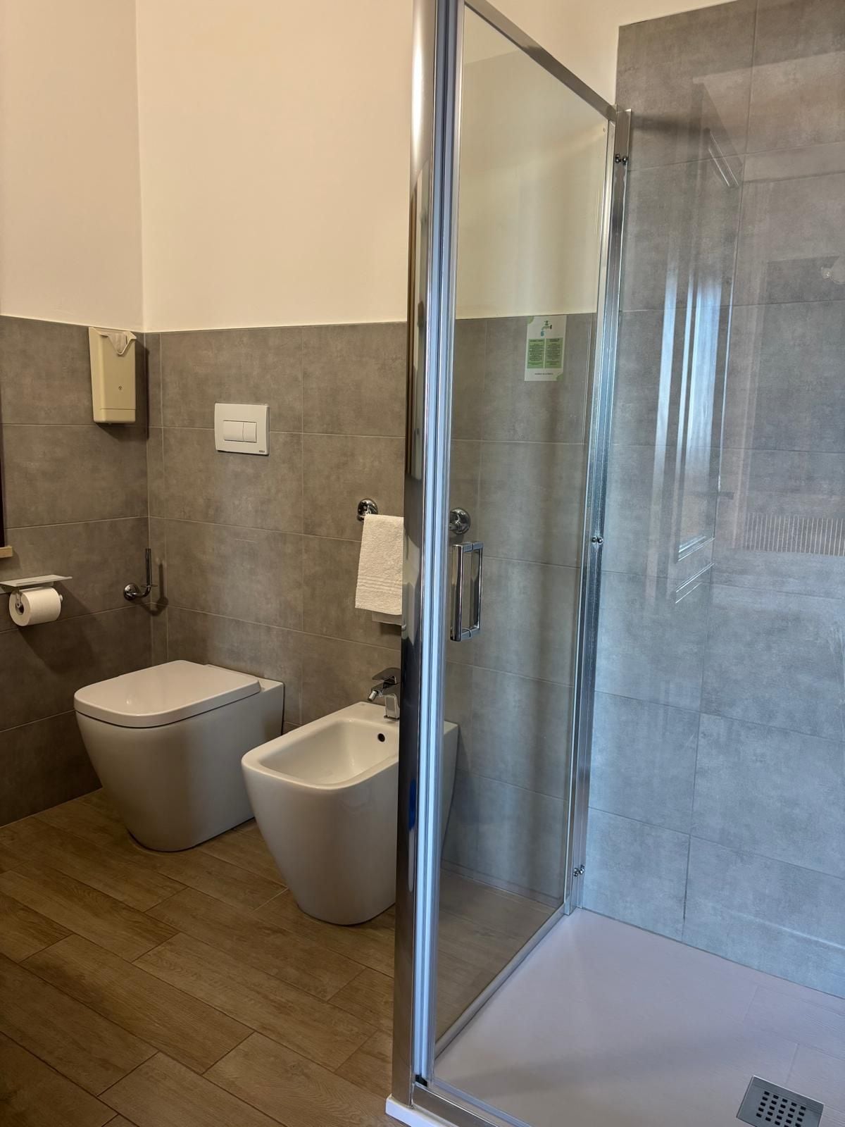A modern bathroom with a toilet, bidet, and glass shower enclosure.