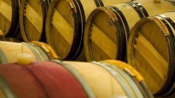 Wooden barrels arranged in rows, likely used for aging wine or spirits.