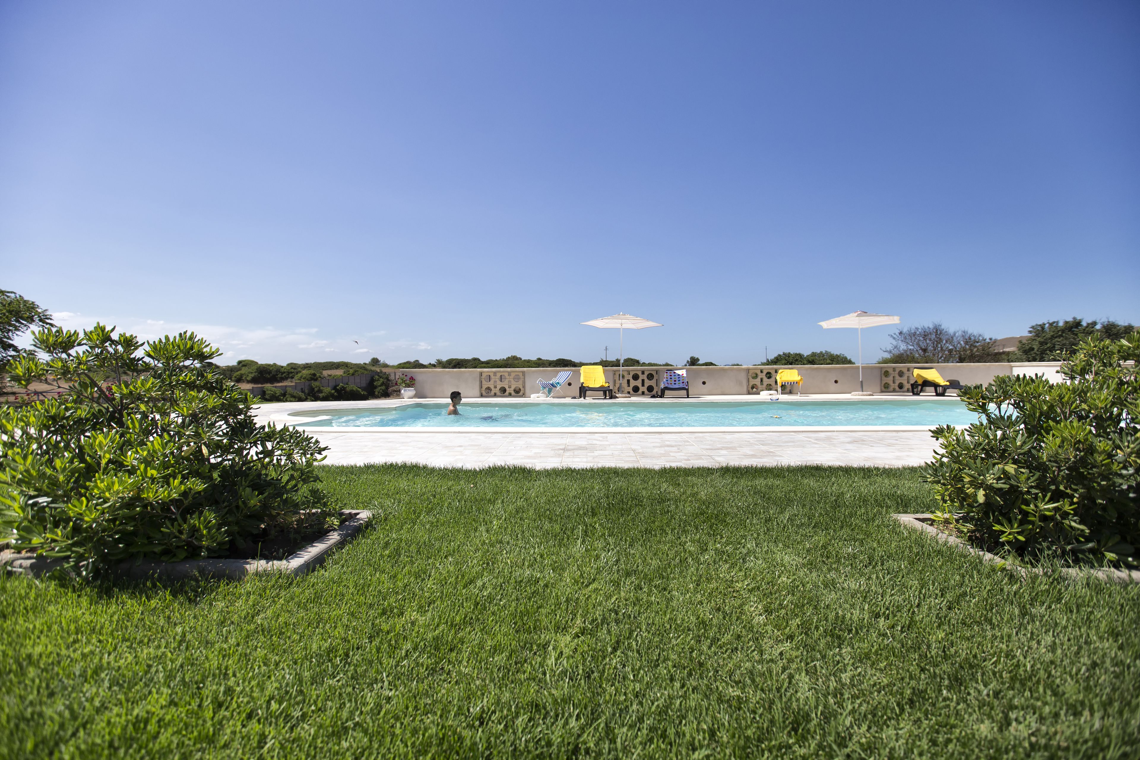 Ein Swimmingpool mit blauem Himmel, umgeben von grünem Gras und Büschen.