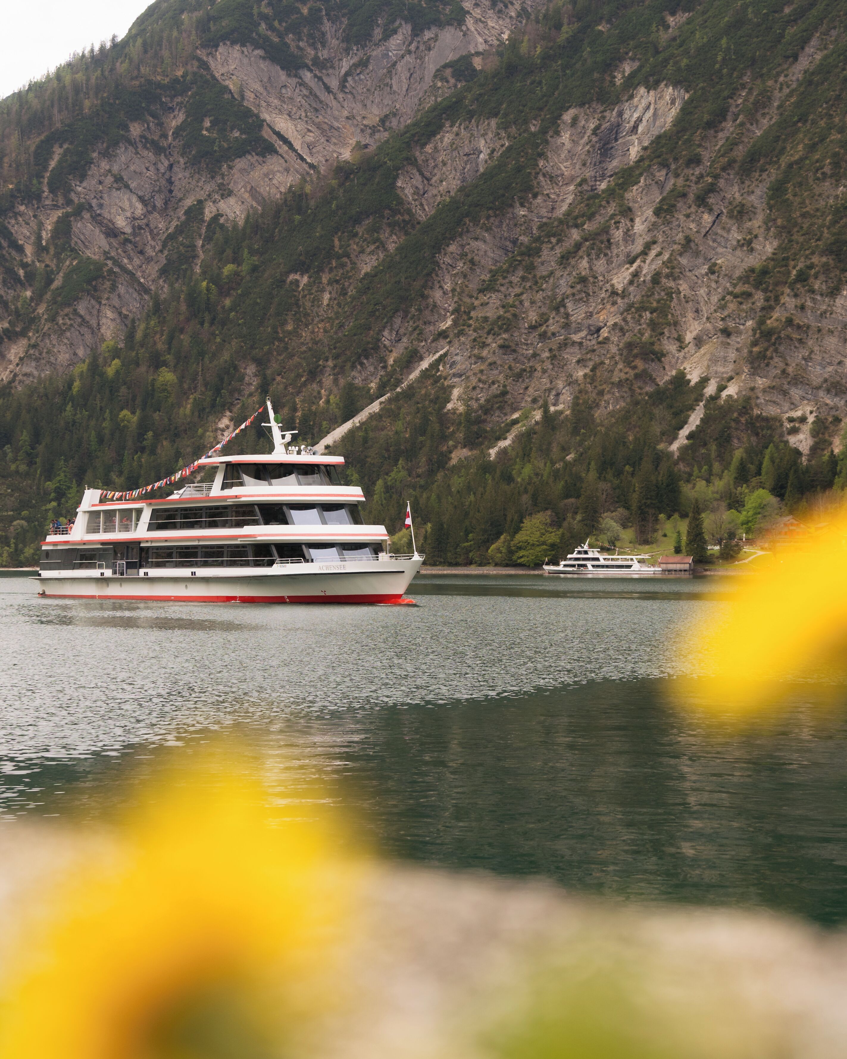 Un grand navire de croisière a accosté dans un port, avec une chaîne de montagnes en toile de fond.