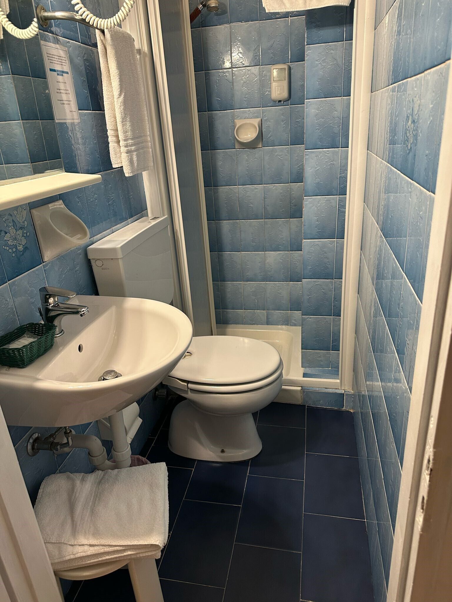 Ein Badezimmer mit Toilette, Waschbecken und Dusche.