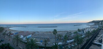 Vista sulla costa con spiaggia, palme e una passeggiata con ombrelloni.