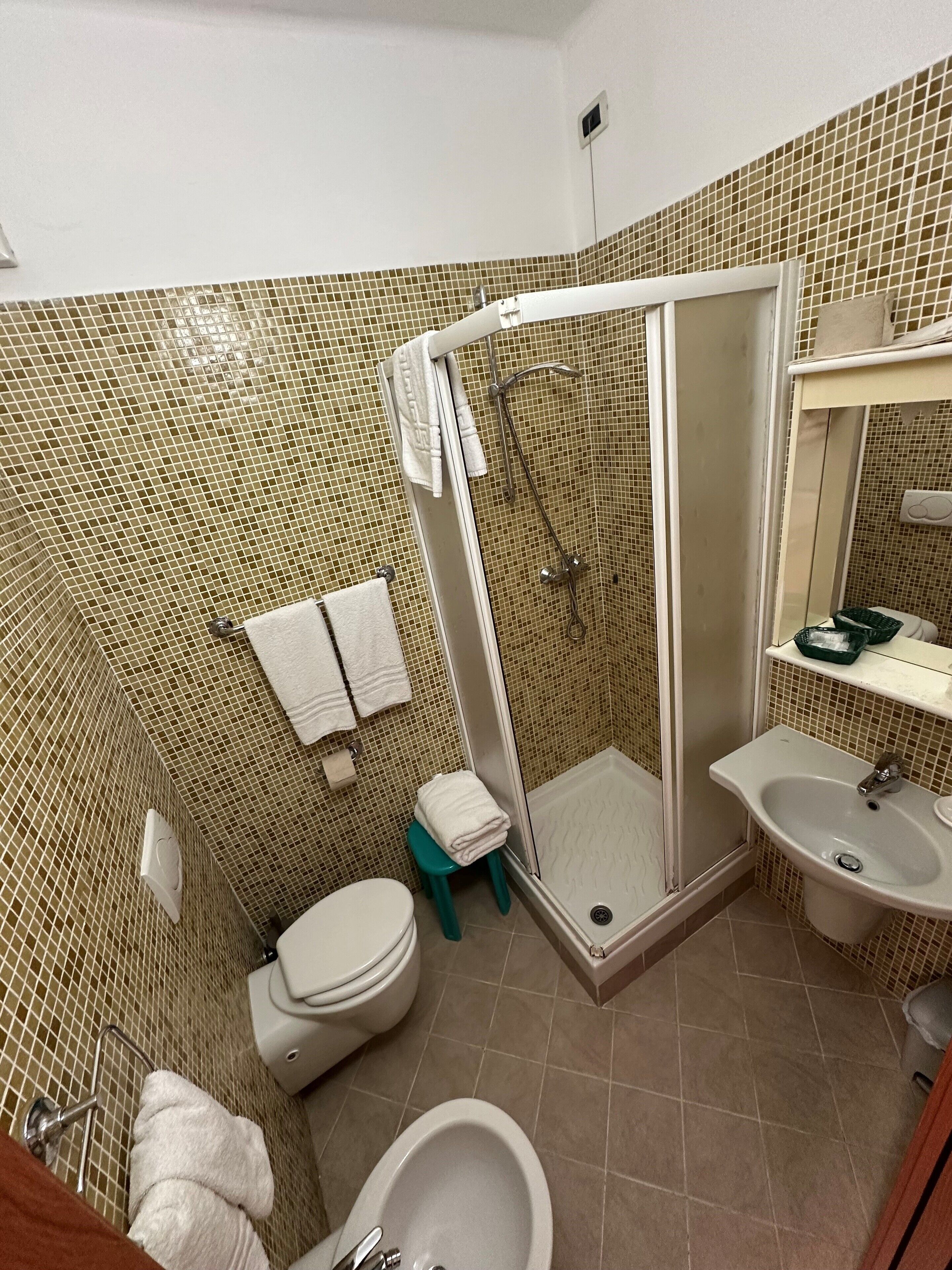 Une salle de bain avec des toilettes, un lavabo et une douche.