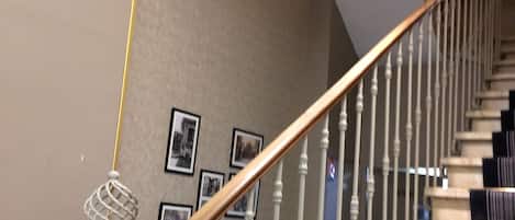 A staircase with white balusters and a wooden handrail, leading to a landing with framed pictures on the wall.
