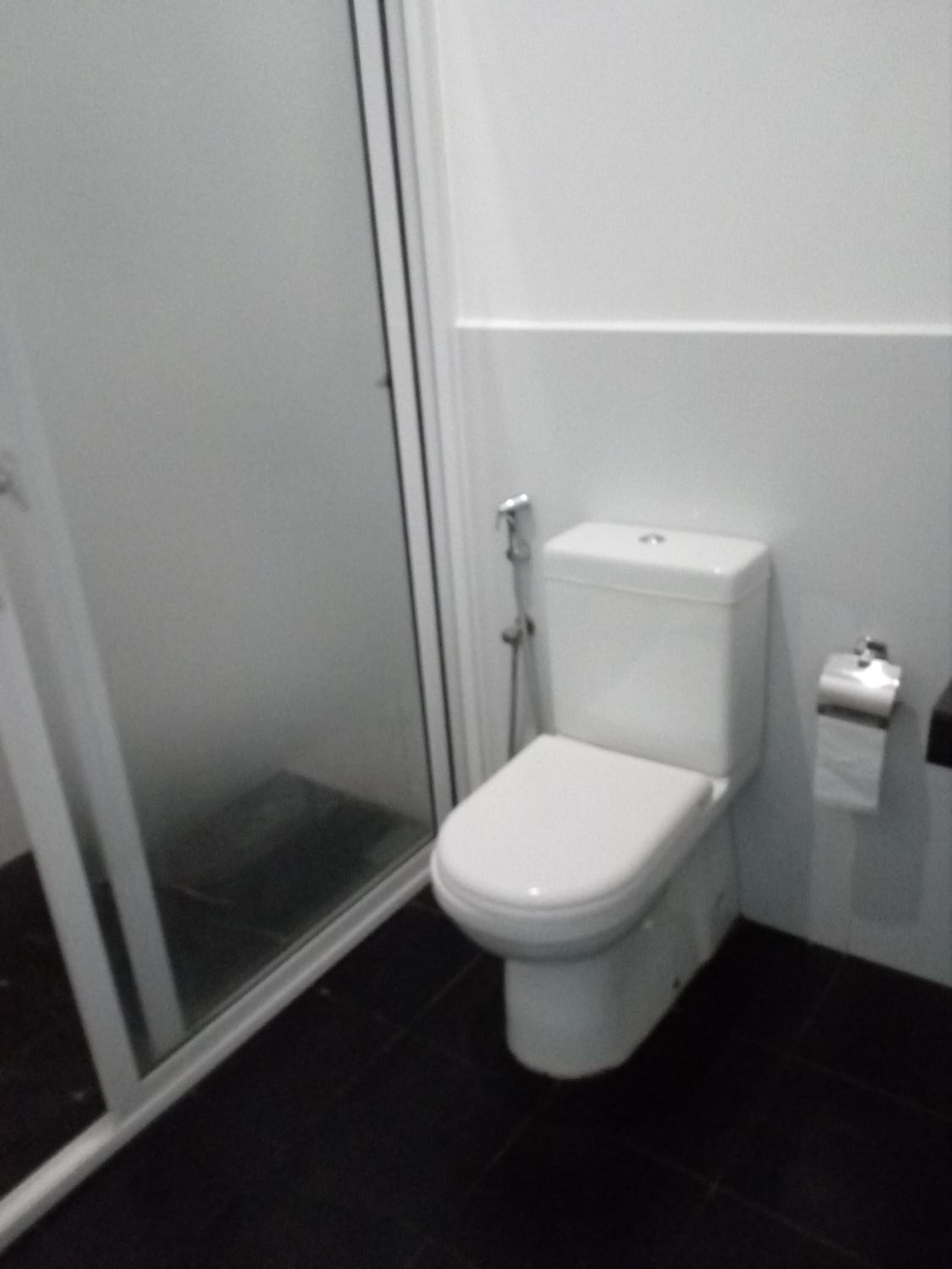 Ein Badezimmer mit Toilette, einer Duschkabine aus Glas und einem weißen Toilettenpapierhalter an der Wand.