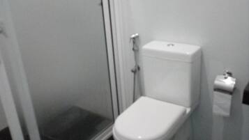 Ein Badezimmer mit Toilette, einer Duschkabine aus Glas und einem weißen Toilettenpapierhalter an der Wand.