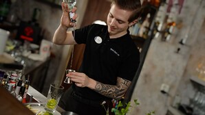 A bartender preparing a drink at a bar with various bottles and a plant in the background. - Apelviken Lägenhetshotell (Varberg)