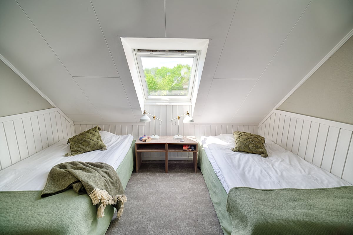 A room with two single beds, a small desk, and a skylight.