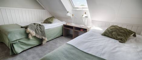 A bedroom with two beds, a skylight, and a small desk with lamps.
