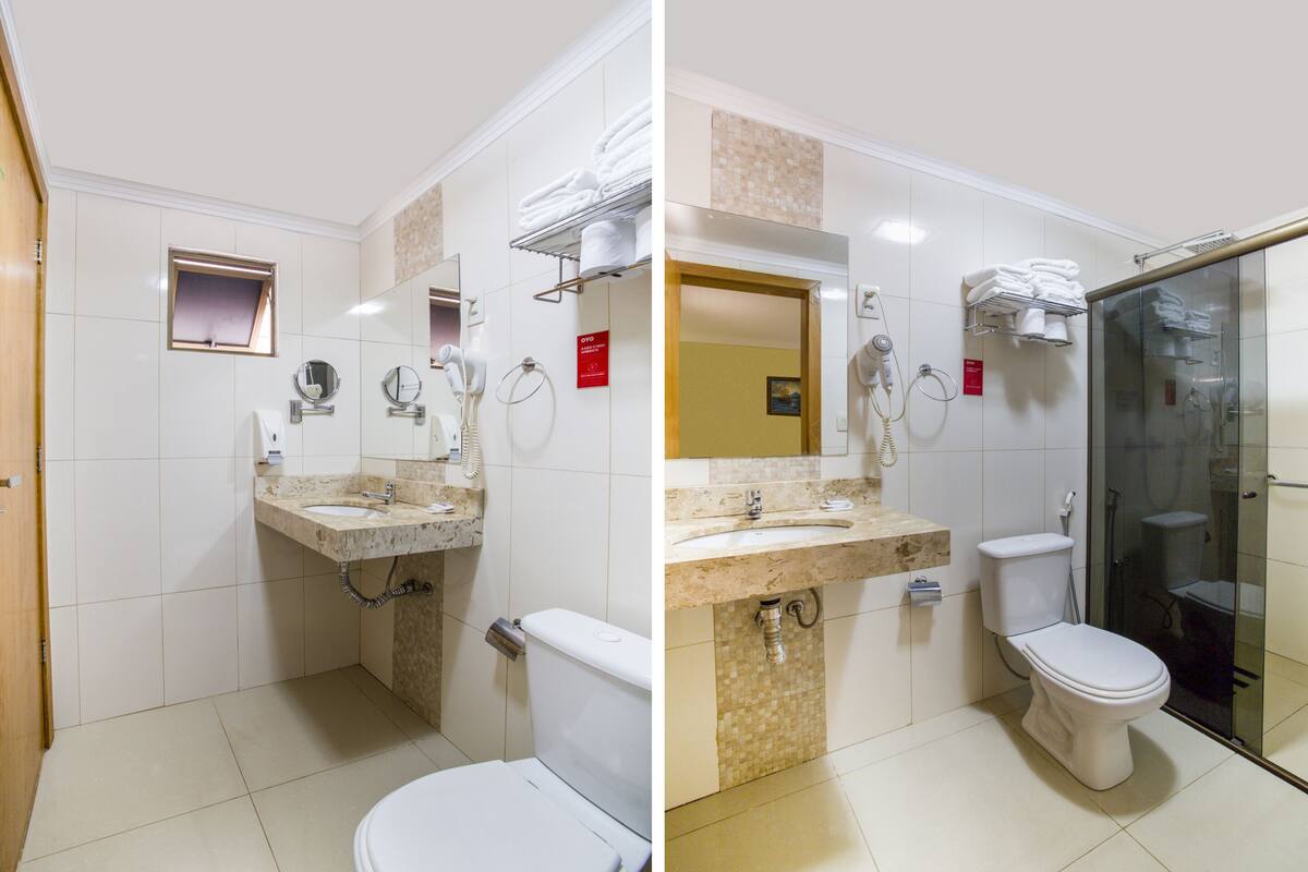 shower, towels, toilet paper