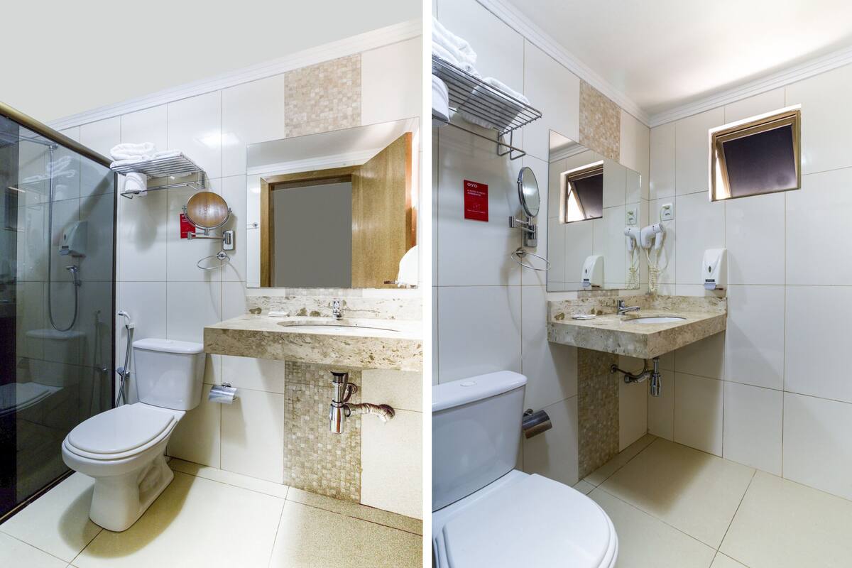 shower, towels, toilet paper