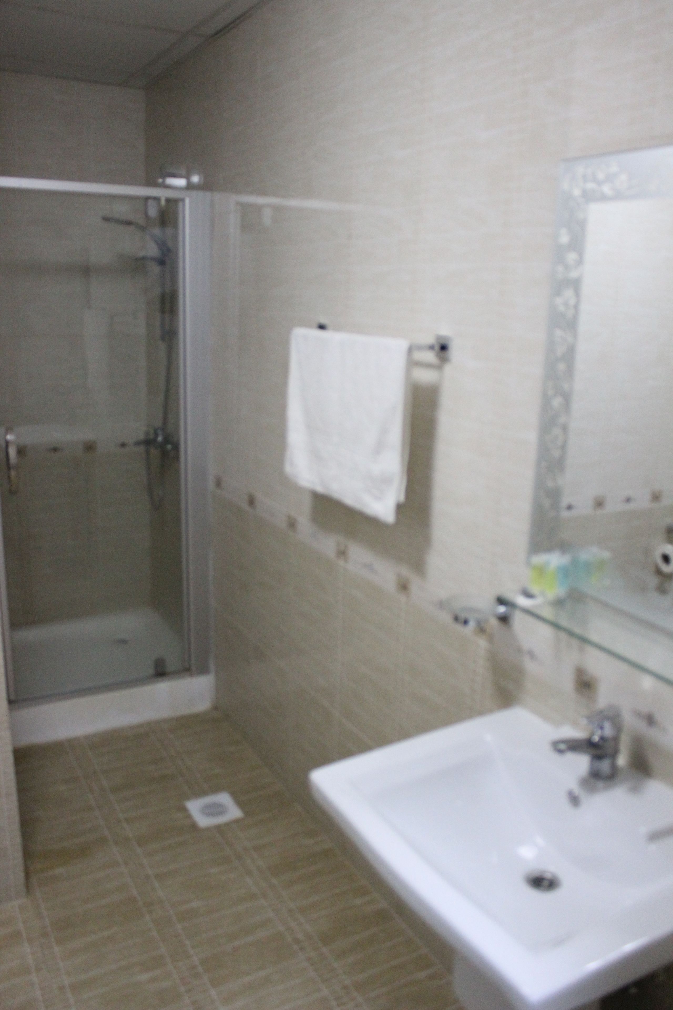 A bathroom with a shower, sink, and mirror.