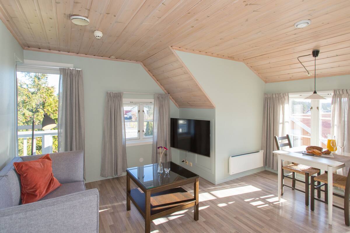 A spacious living room with a high ceiling, a flat-screen TV, a glass-top coffee table, a sofa with a red cushion, a dining table with chairs, and large windows with curtains.