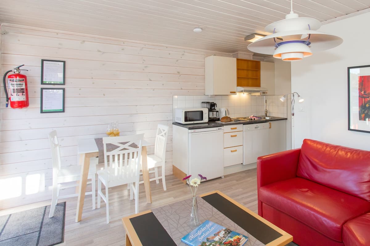 A compact living space with a kitchenette, a dining area, and a red leather sofa.