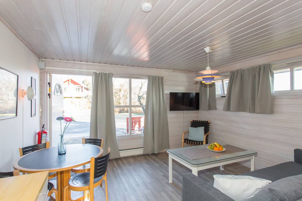 A cozy room with a dining table, chairs, a sofa, a TV, and a window with curtains.