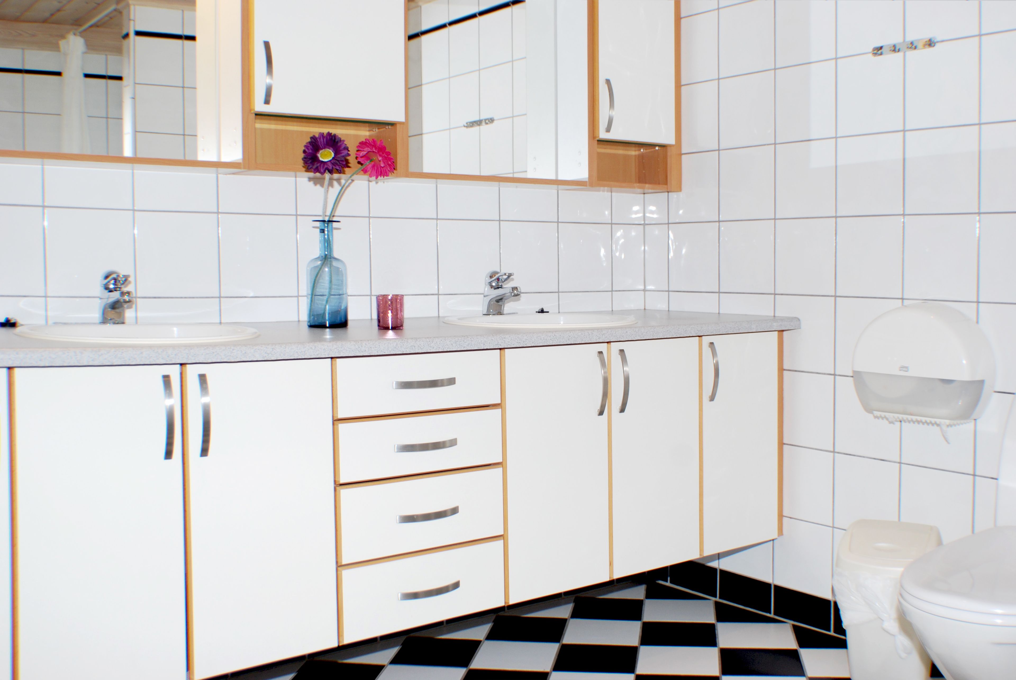 A bathroom with two sinks, a mirror above the sinks, and a toilet.