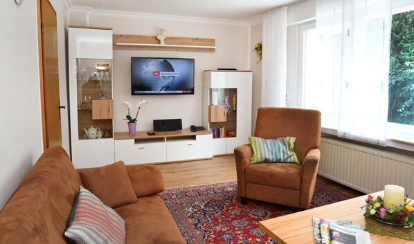 Flat-screen TV, books