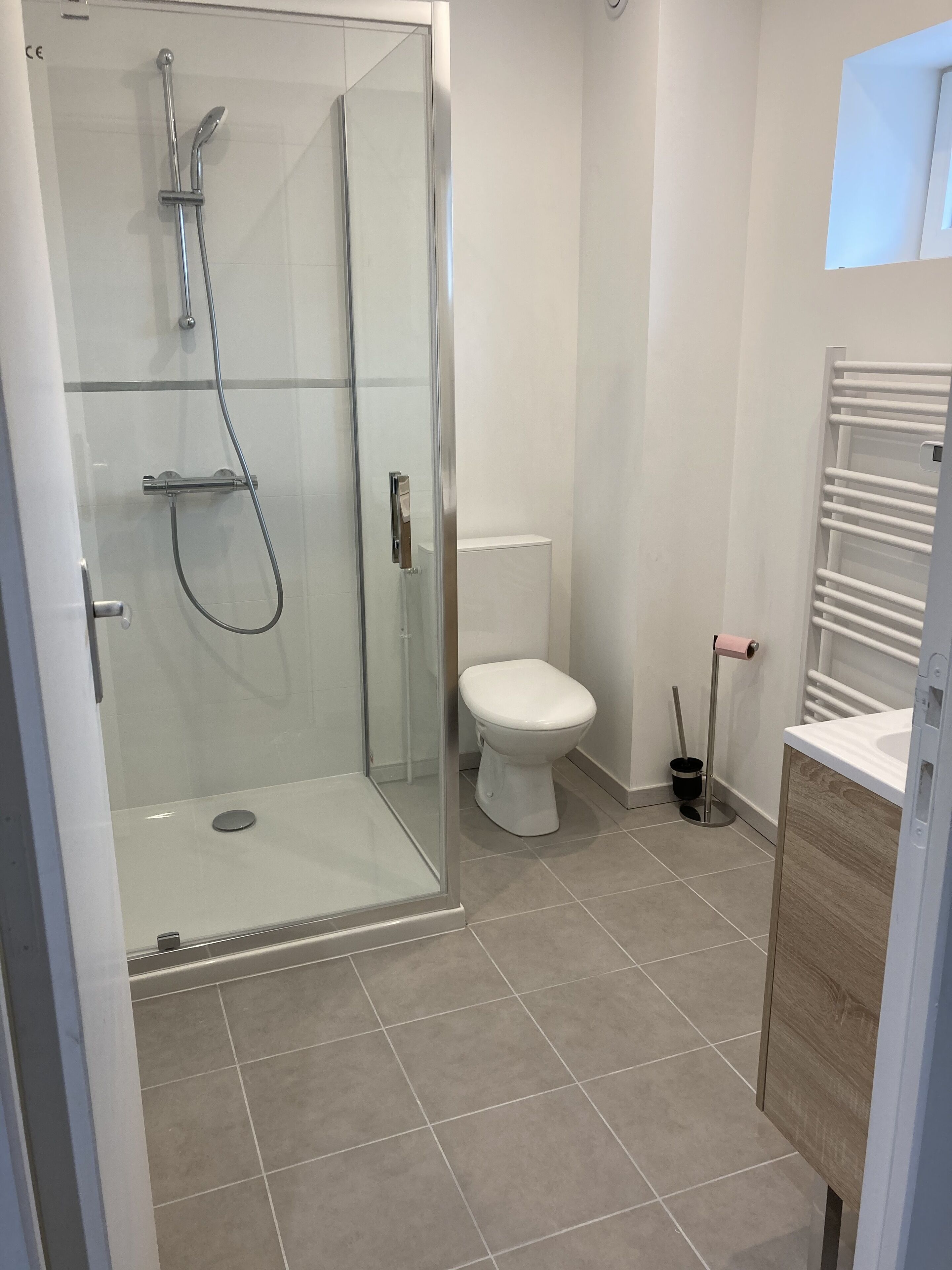 shower, towels, soap, shampoo