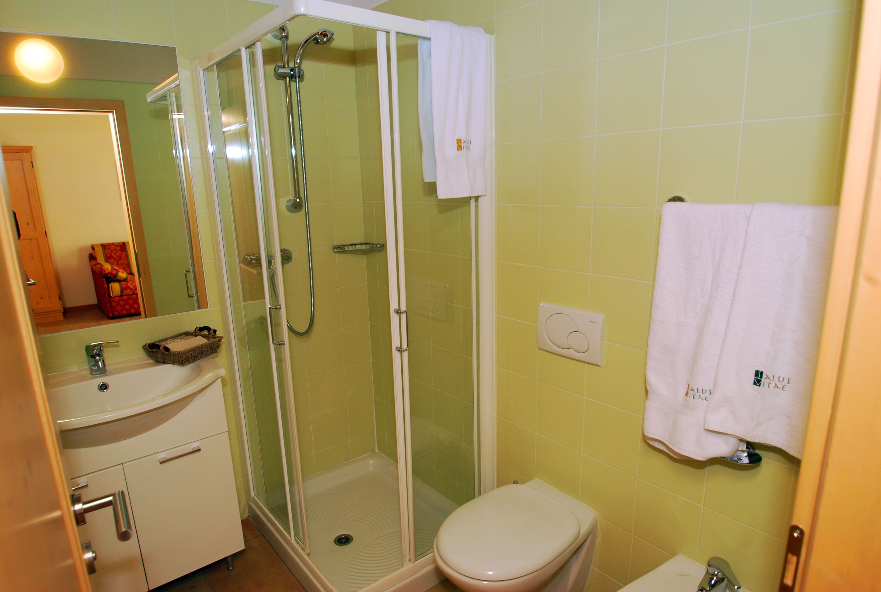 Un bagno con doccia vetrata, lavandino bianco e water.