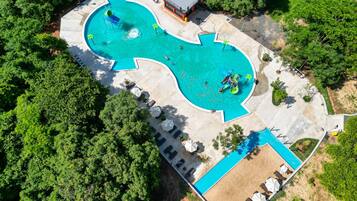 Vista aérea de una piscina de forma singular, rodeada de exuberante vegetación y protegida por palmeras.