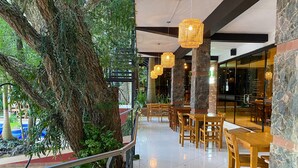Un amplio espacio interior con mesas y sillas de madera, pilares de piedra y lámparas de mimbre colgantes.