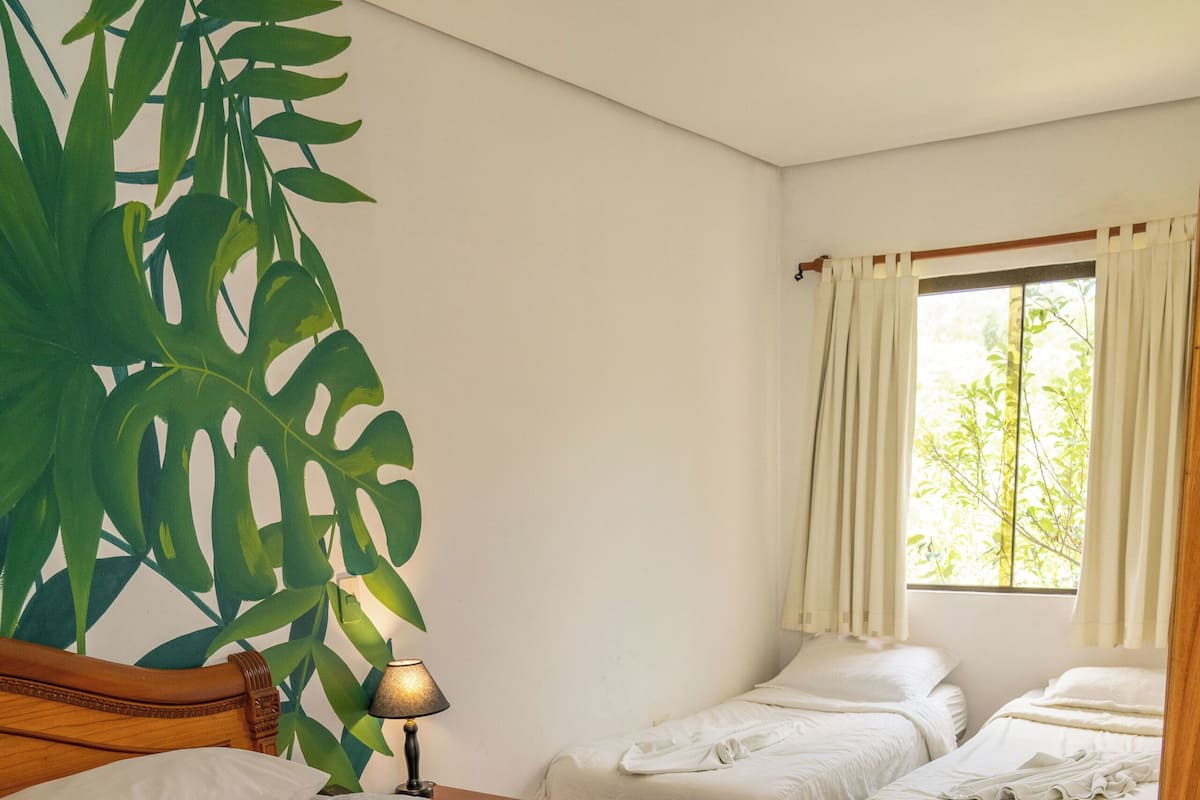 A hotel room with two beds, a large plant, a nightstand with a lamp, and a window with curtains.