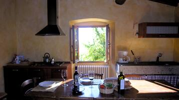 Fridge, stovetop, cookware/dishes/utensils, dining tables