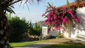 A white building with a tiled roof, a stone wall, and a garden with bougainvillea flowers. - Bungalow Musuri (Sitia)