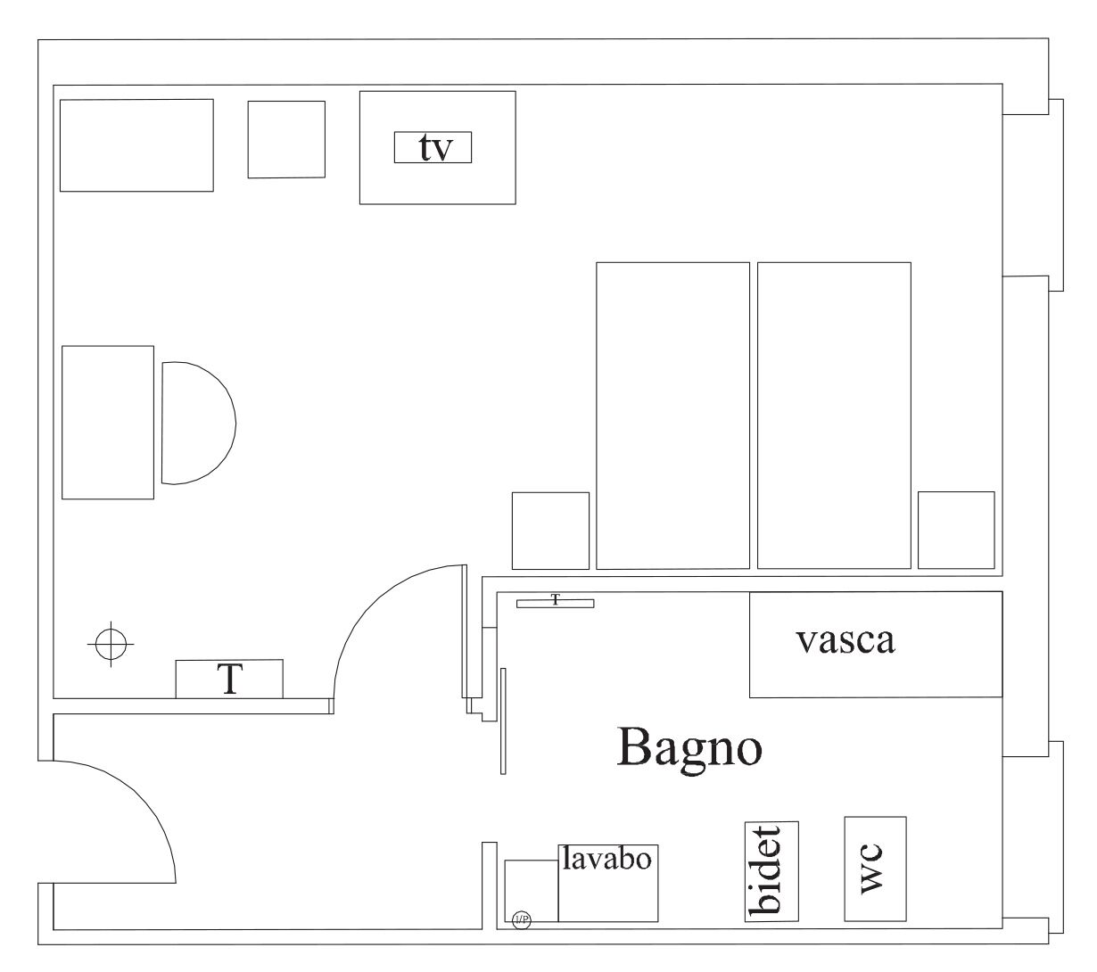 Een plattegrond met een televisie, toilet, bidet, wc en een badkamer met een wastafel.