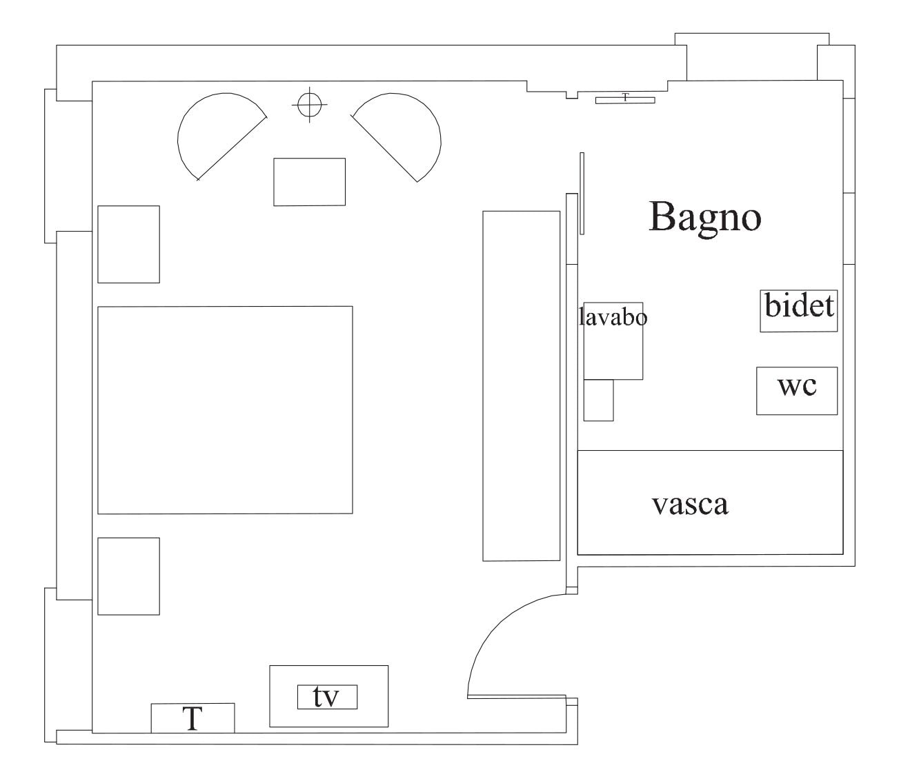 A floor plan with a large central room labeled 'Bagno', adjacent to a 'lavabo', 'bidet', and 'wc'. There's a 'vasca' and a 'tv' in the lower left.