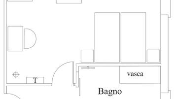 Pianta di una stanza con aree indicate, tra cui TV, WC, bidet, bagno e cestino.