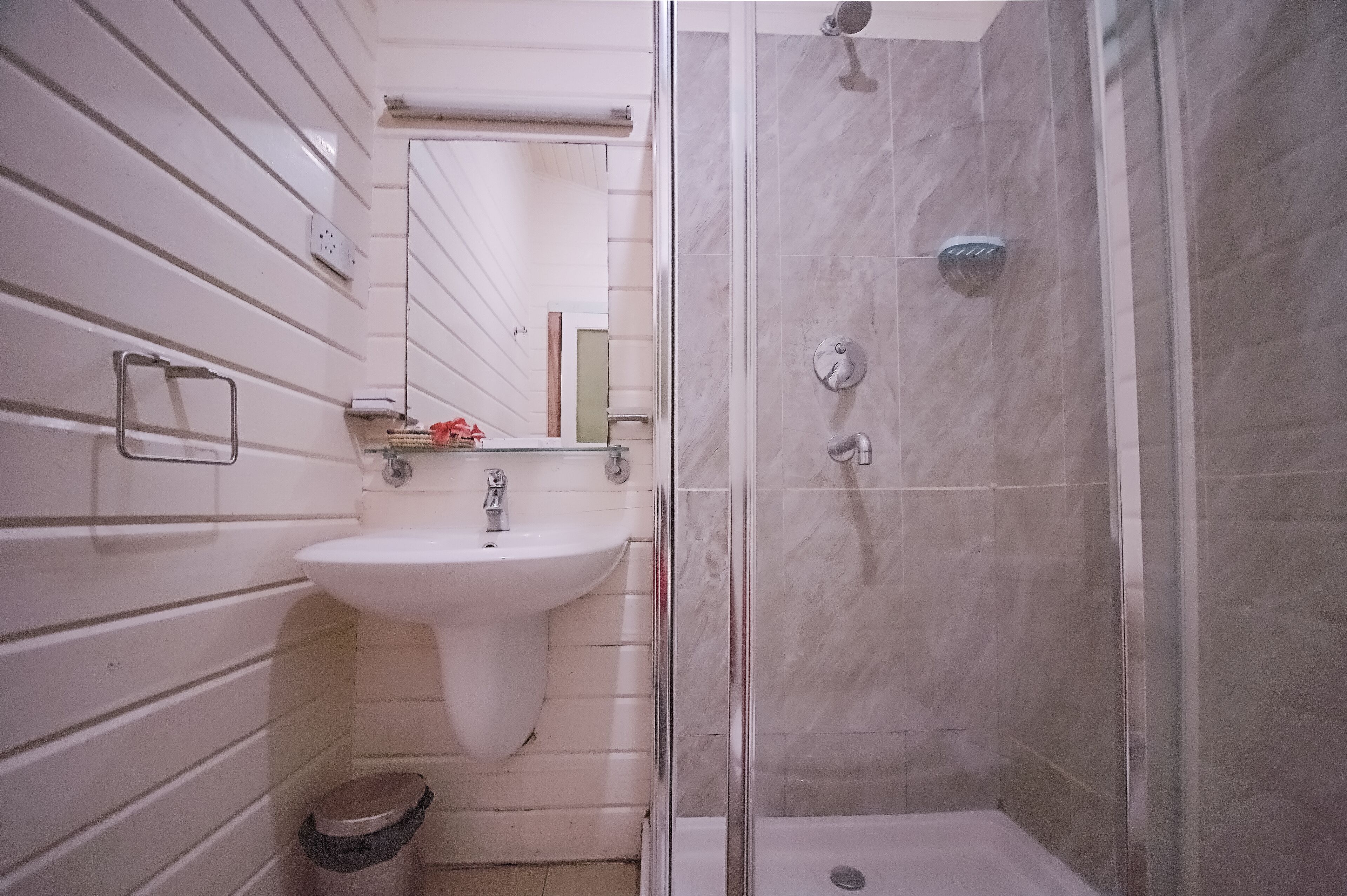 Een badkamer met een witte wastafel, spiegel en douchecabine.