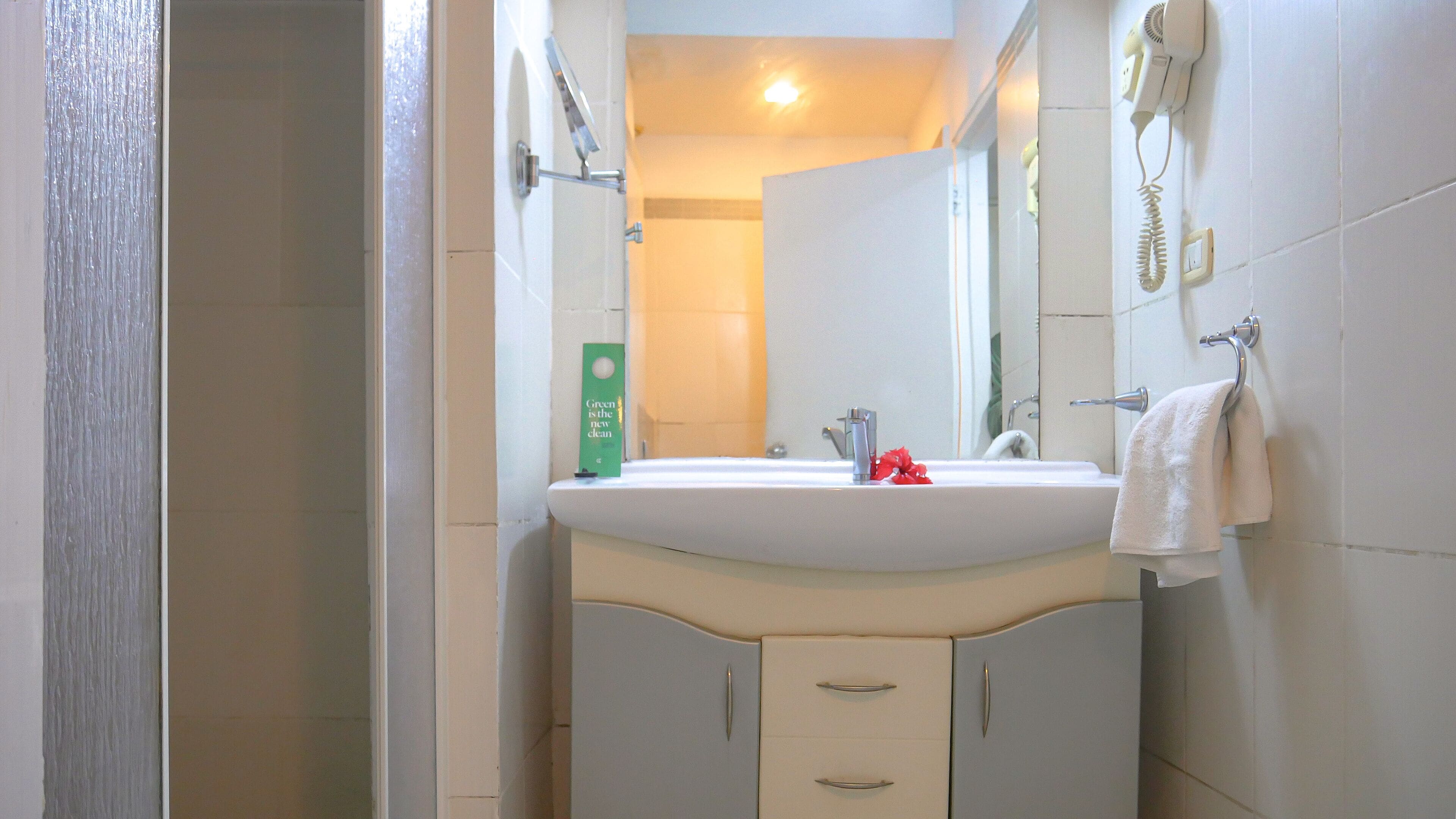Un bagno con un lavandino bianco, uno specchio, un portasciuga e una insegna verde.