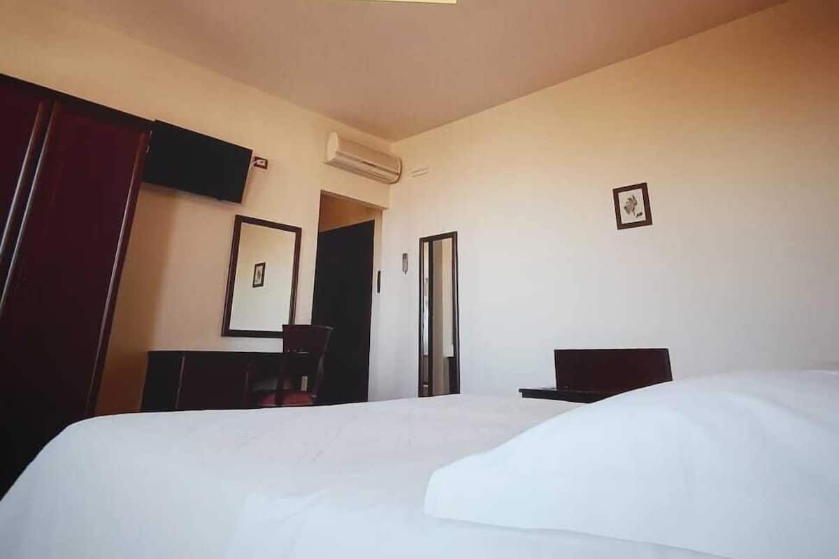 Habitación de hotel con una cama grande, un escritorio, una silla, un armario y una lámpara en el techo.