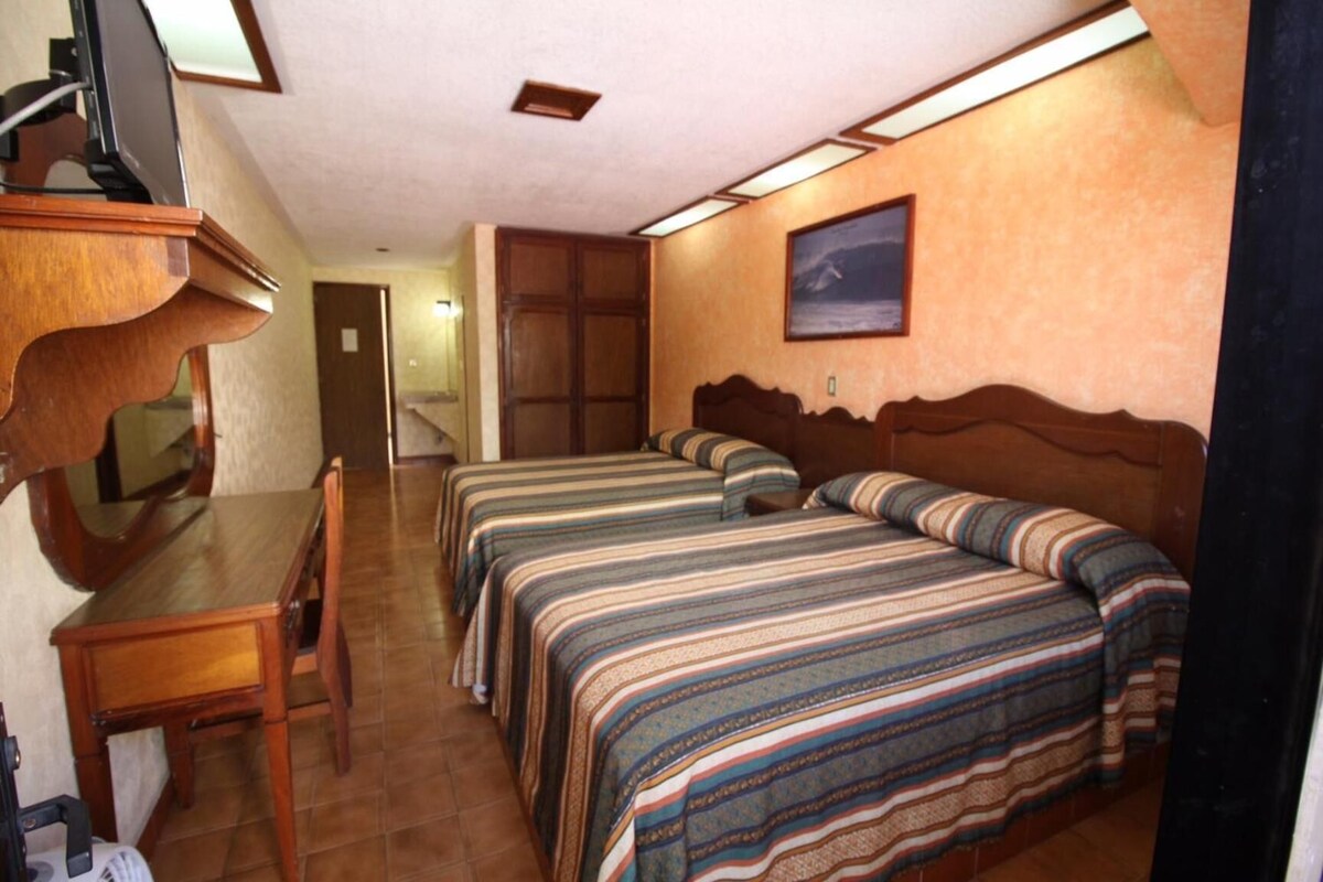 A hotel room with two beds, a wooden desk, a chair, a television, and a framed picture on the wall.