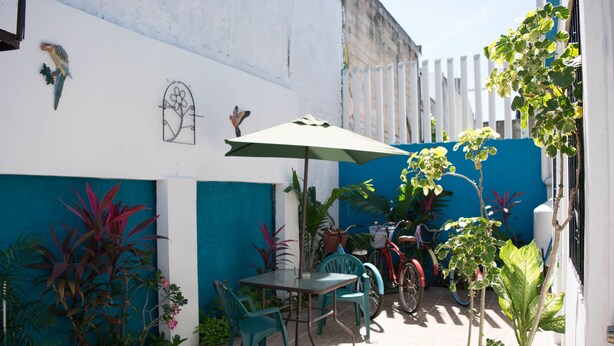 An outdoor patio with a table and chairs, surrounded by potted plants and a bicycle. - Apartamento en PlayaDelCarmen 523 by Sinbad (Playa del Carmen)