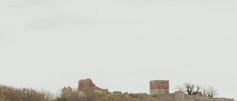 Eine altehrwürdige Steinkastelle mit Ruinen und einem hohen Turm, umgeben von trockener Vegetation und Hügeln.